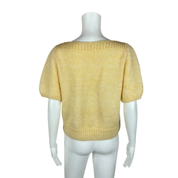 Vintage 80s Crochet Sweater Yellow Handmade Knit Short Sleeve Pullover - Picture 5 of 7